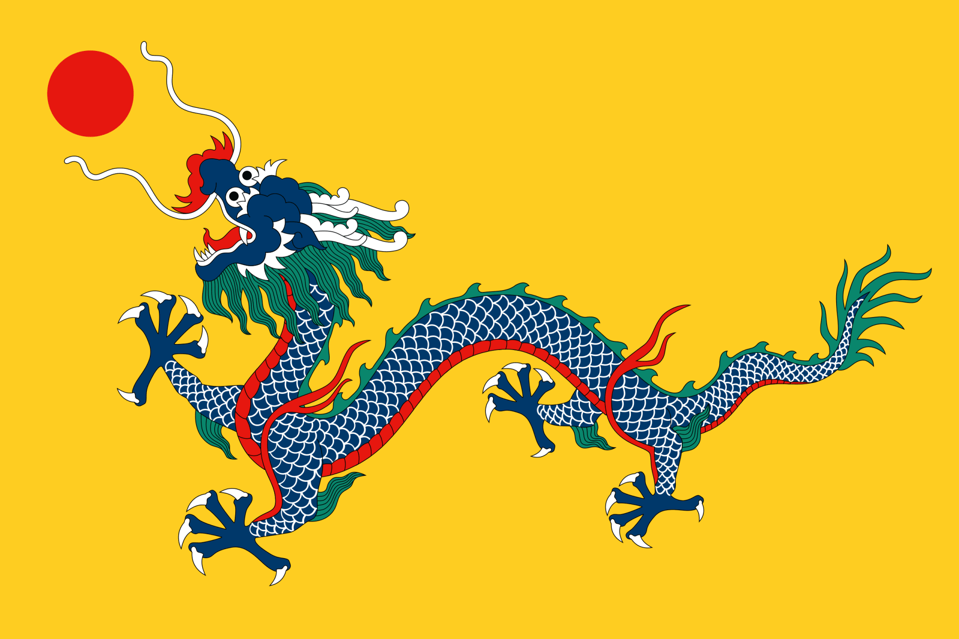 This is a graphic picture featuring the Flag of the Chinese Empire under the Qing dynasty (1889-1912). The image is used for the purpose of demonstrating the dragon - the Chinese traditional symbol.