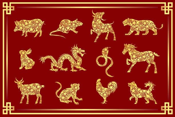 Set of all 12 zodiac animals for Chinese New Year celebration design. Vector illustrations in paper cut style.